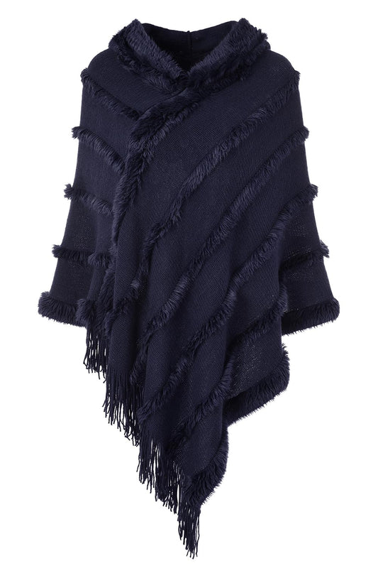 Ferand Women's Hooded Poncho, Warm Winter Cape, Striped Shawl with Fringes, Elegant, Navy Blue