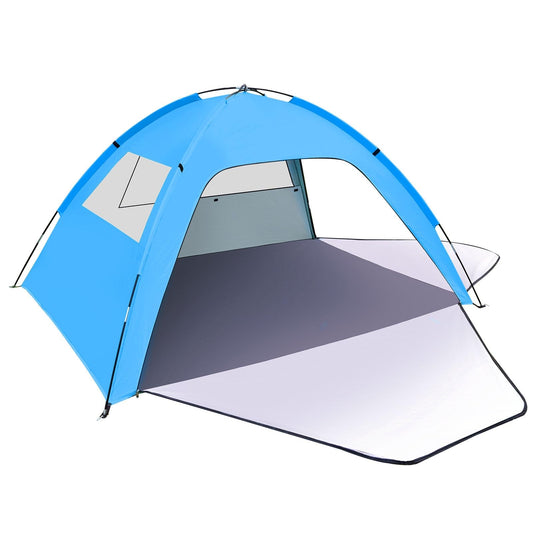 Beach tent for 1-3 people with UV protection 80+, 2 zipper doors, and 2 mesh windows. Family beach shelter with carrying bag for sun protection and shade at the beach.
