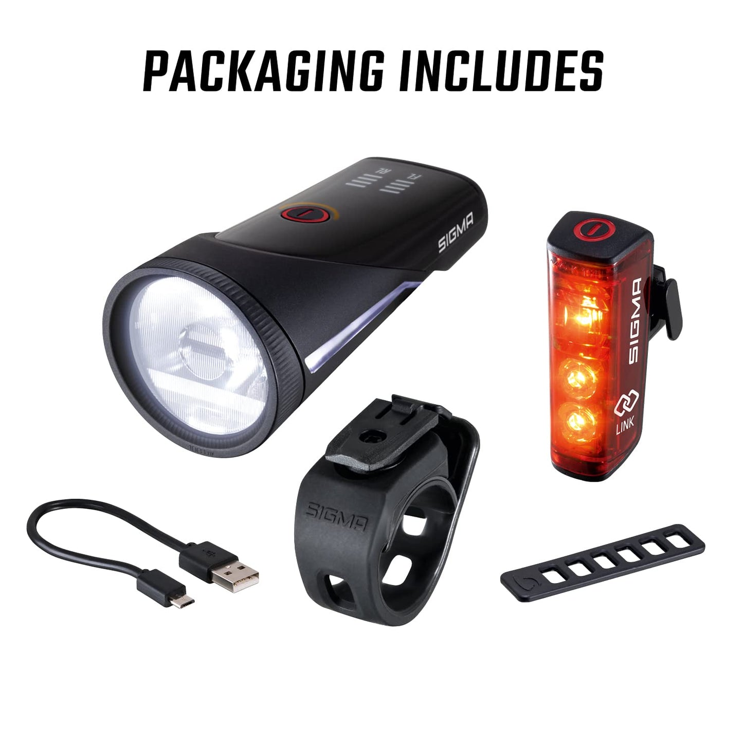 SIGMA bike light set Aura 100/Blaze Link (silicone holder) | Innovative coupling function & automatic light adjustment | LED bike light front with 100 lux | Rear light with brake light function