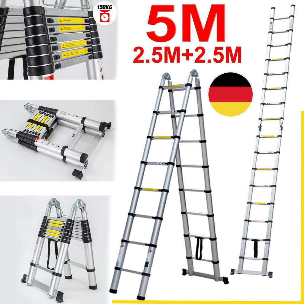5M telescopic ladder Aluminum ladder 2.5M+2.5M sliding ladder folding ladder multi-purpose ladder extension ladder 16 rungs easy to carry max load capacity 150 kg