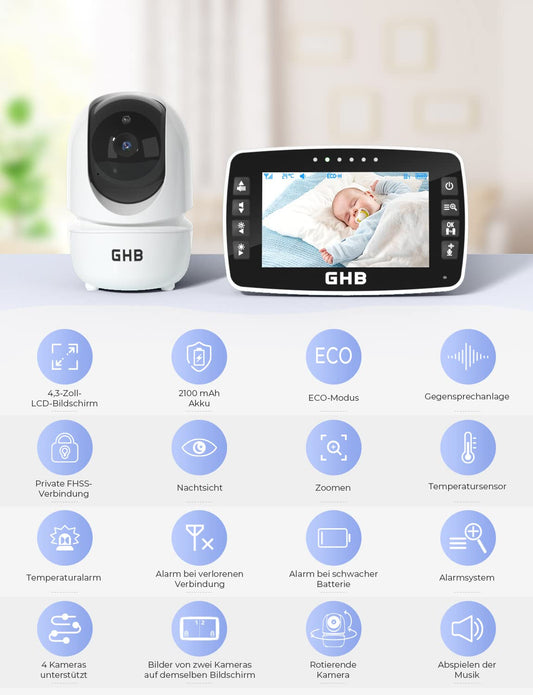 GHB Baby Monitor with Camera 4.3 Inch Baby Monitor 350° Rotation Night Vision Video Camera with 2 Cameras ECO Mode Baby Camera LCD Screen, 720p