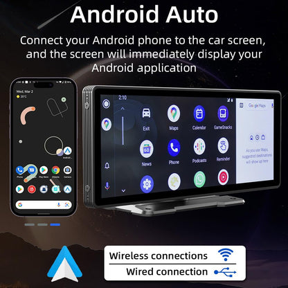 Sunweyer Portable Apple CarPlay Screen and Android Auto Wireless Display Head Unit, 9.3-inch HD IPS Touchscreen, supports 1080p backup camera, and Bluetooth/AUX/FM Transmitter.