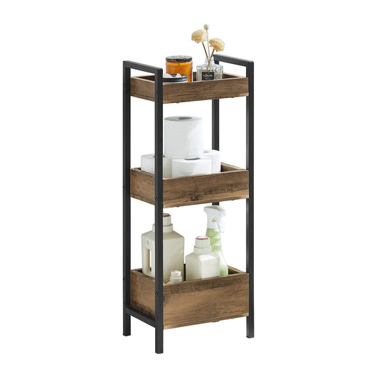 SoBuy bathroom cabinet with 3 sturdy shelves, narrow MDF bathroom cabinet, bathroom furniture commode up to 30kg capacity, freestanding wood-colored bathroom shelf for small bathrooms 28x20x74cm FRG226-F