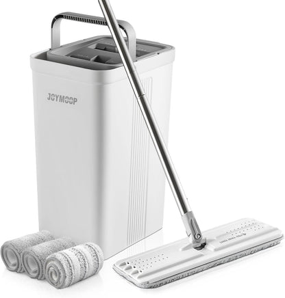 JOYMOOP Mop and Bucket with Wringer Set for Home, Flat Mop and Bucket System, Mops for Floor and Wall Cleaning, with 3 reusable microfiber mop pads.