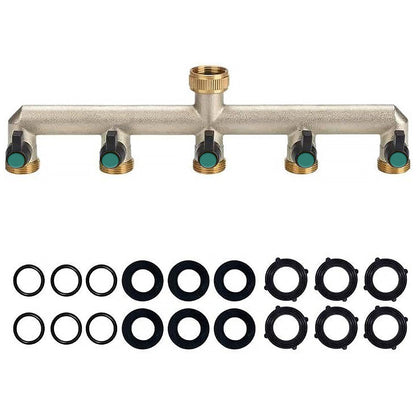 Brass water connection splitter 5-way splitter water 3/4 inch for 5 devices/garden hoses, hose splitter faucet splitter with ball valve for adjusting and shutting off water flow.