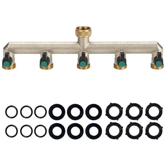 Brass water connection splitter 5-way splitter water 3/4 inch for 5 devices/garden hoses, hose splitter faucet splitter with ball valve for adjusting and shutting off water flow.