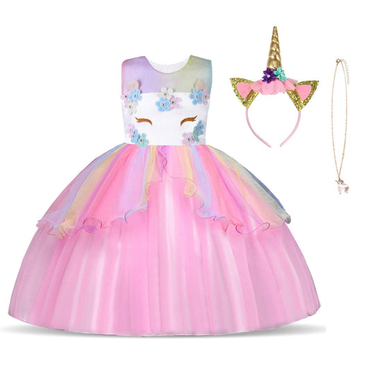 URAQT Kids Unicorn Costume Dress, Girls Unicorn Skirt, Flower Girls Sleeveless Party Dress, Birthday Dress Fancy Dress, Carnival Costume with Unicorn Outfit Set, 110cm (Pink-B)