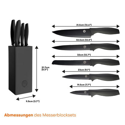 MasterChef knife block with cake knife set including Santoku knife, bread knife, chef's knife, vegetable knife, and utility knife. Made of stainless steel, sharp, 5 pieces, black, with soft-touch handles.