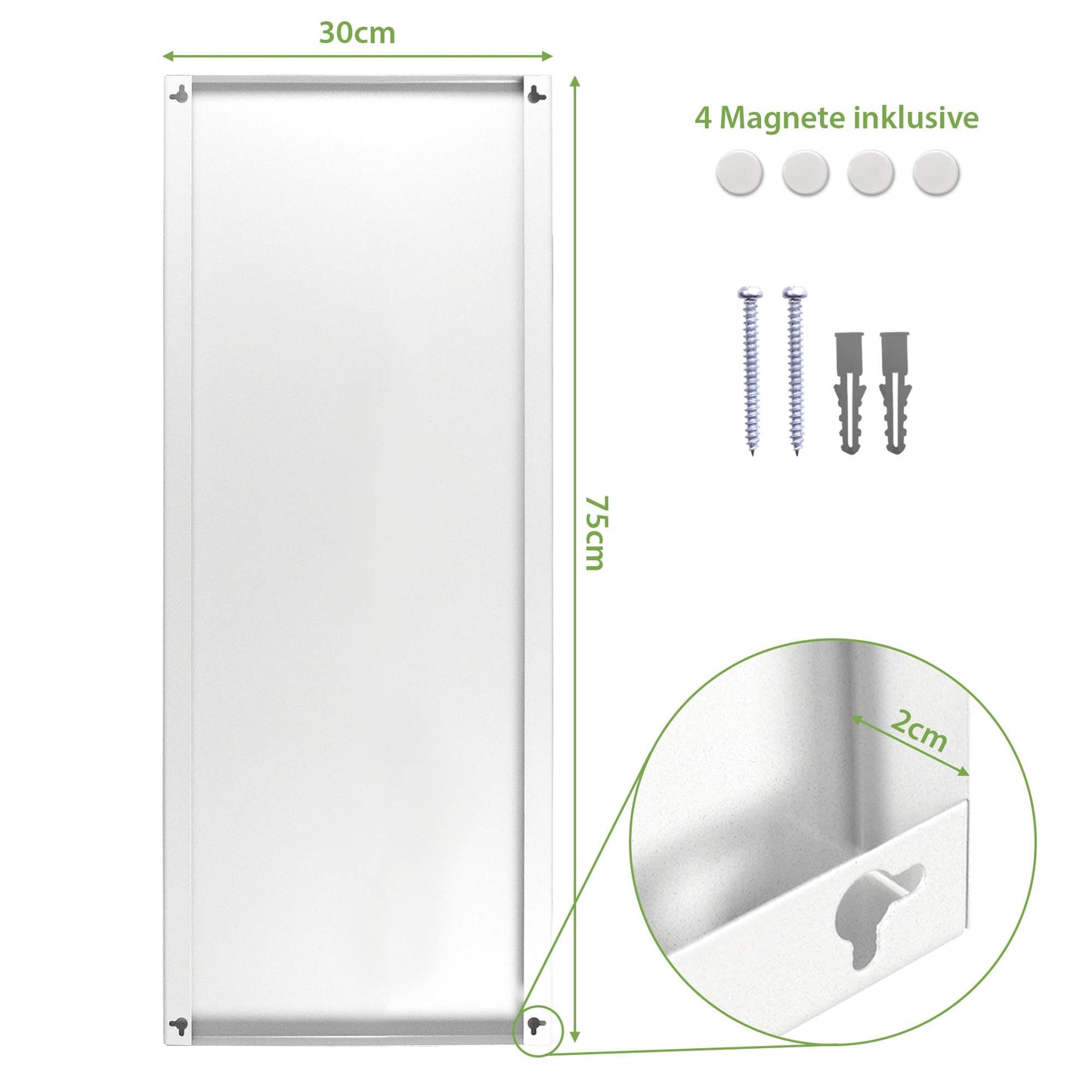 banjado Magnetic Board White 78x37cm - Metal Magnet Board - Memo Board as Pinboard - Pinboard Magnetic Board for Kitchen, Office, Children's Room including 4 Magnets & Mounting Kit