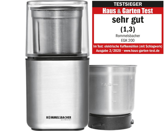 ROMMELSBACHER spice and coffee grinder EGK 200-2 stainless steel container with chopping and special blades, capacity 70 g, grind level adjustable by grinding time, suitable for pesto, spices, nuts, sugar, 200 watts