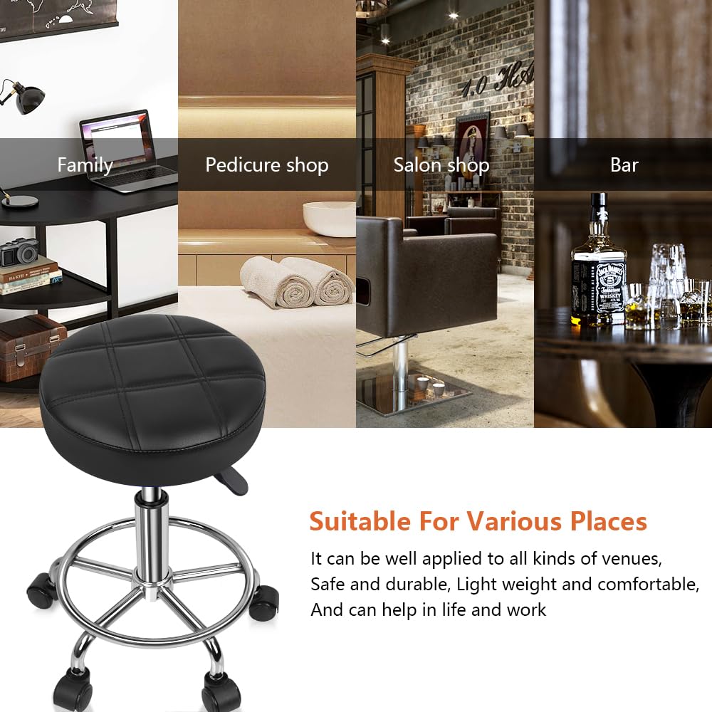 KKTONER Rolling Stool Work Stool Bar Stool height adjustable 49-64cm swivel in faux leather Black