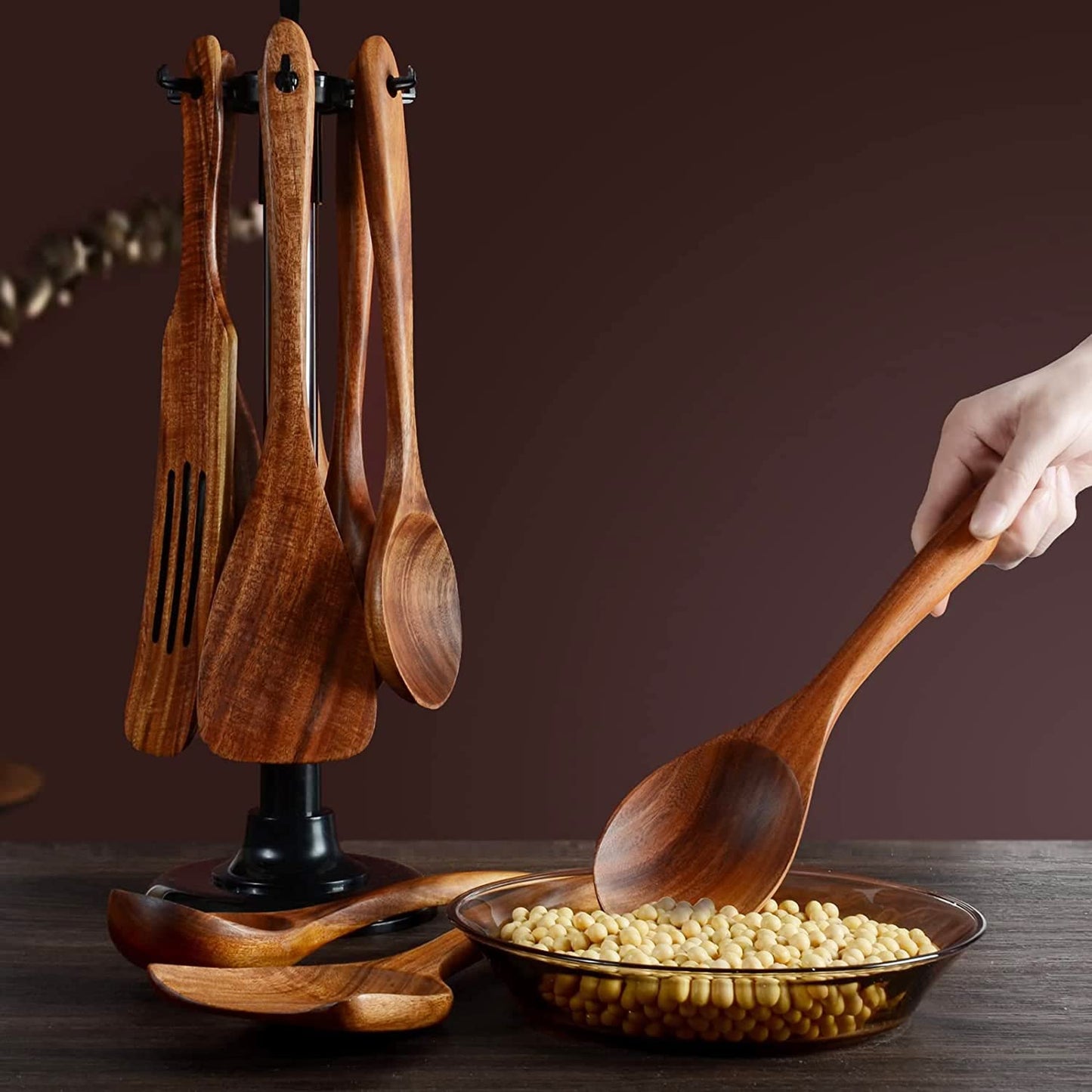 Wooden cooking spoon, set of 12, wood cooking utensils, kitchen utensil set, wooden cooking utensils, natural teak wood, wooden spatula for cooking.
