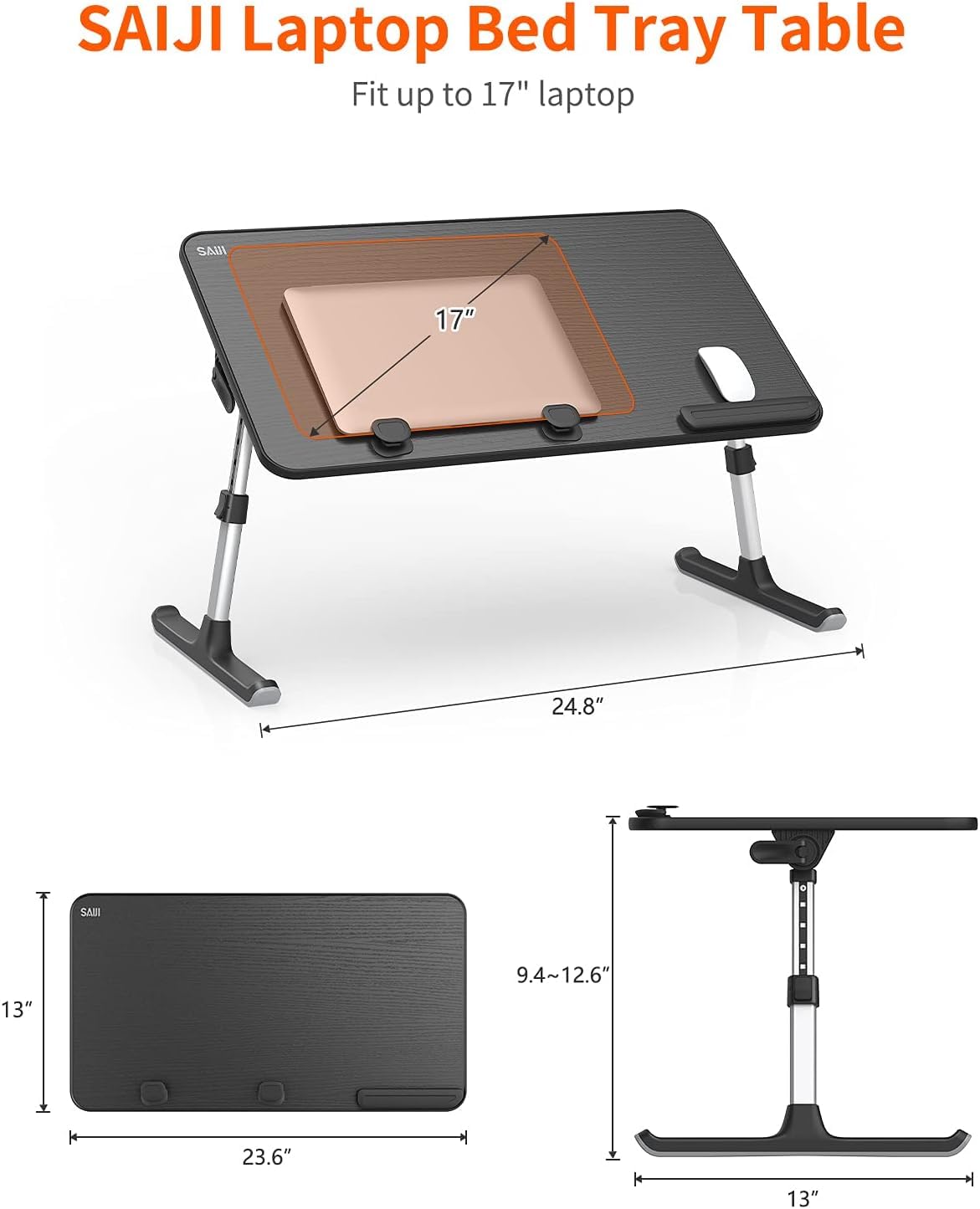 Table, Bed Table, SAIJI Laptop Stand, Breakfast Tray, 5 Heights, 4 Angles, Stable Folding Table for Bed Sofa Desk, Up to 17'' Laptop (60 * 33cm Black)
