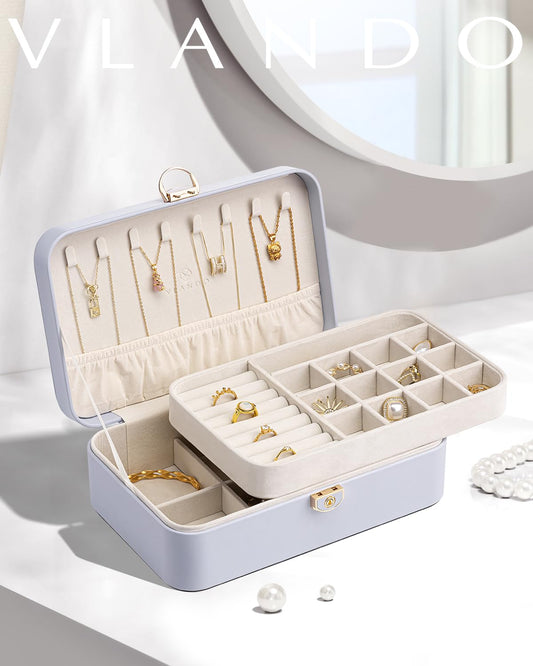 Vlando Jewelry Box for Girls Women, Double-layer Jewelry Case, Lockable Jewelry Box, Jewelry Storage Box for Rings Earrings Bracelets, Jewelry Organizer