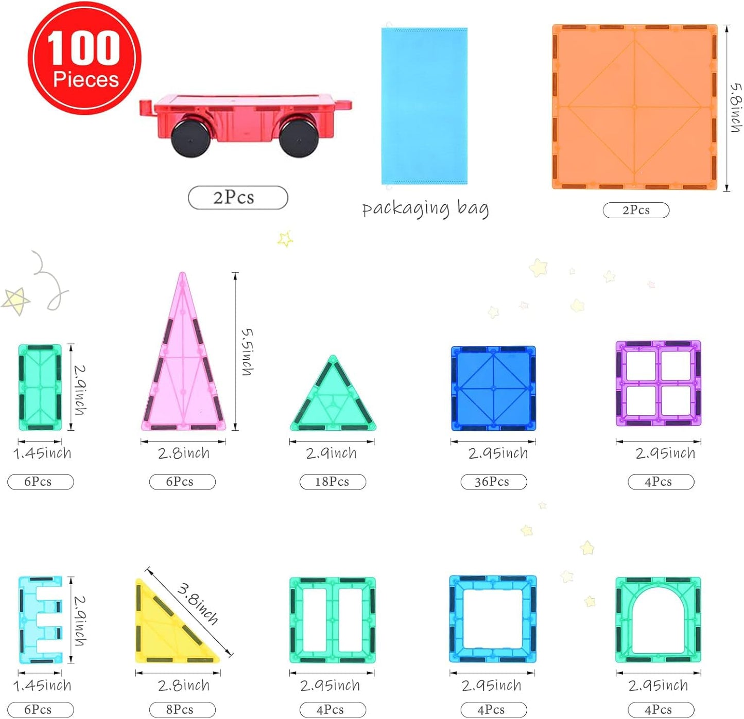 Magnetic blocks 100Pcs for kids aged 3+ Strong magnetic Montessori toy Kids STEM learning toy Gift to promote creativity for boys girls (100 pcs)