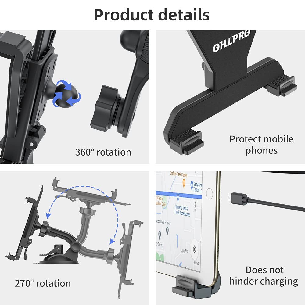 OHLPRO Tablet Car Mount, 360° Rotatable Adjustable iPad Car Holder, Dashboard Windshield Mount, for 6-11 Inch, Compatible with iPad, Samsung Tab, Huawei, and more.