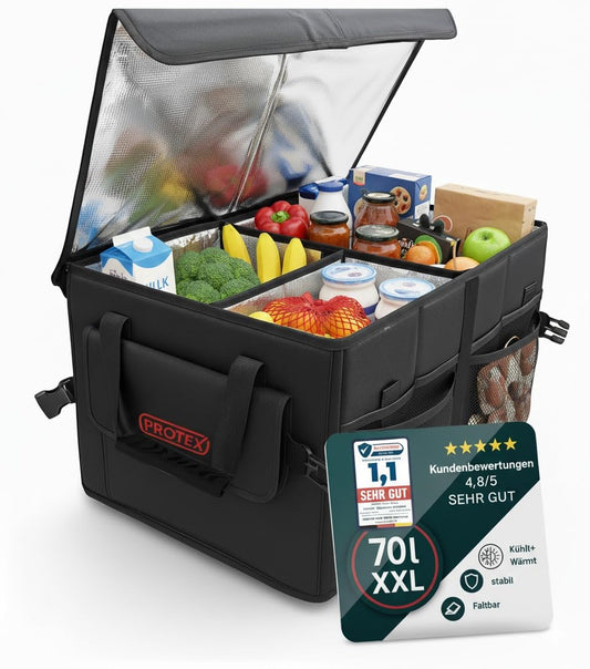 Trunk Organizer [Award winner 2025] by PROTEX® 70L Cooler Bag - Foldable trunk bag with lid - XXL trunk box with insulation for hot & cold - Practical & Waterproof (black)