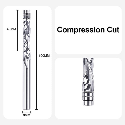 SpeTool Flush Trim Router Bit 8mm Shank Spiral Flush Trim Router Bit Extra Long Copy Bit for Router Up & Down Compression 40mm Cutting Length Carbide Router Bit Spiral Grooved double Ball Bearing Bottom for Woodworking
