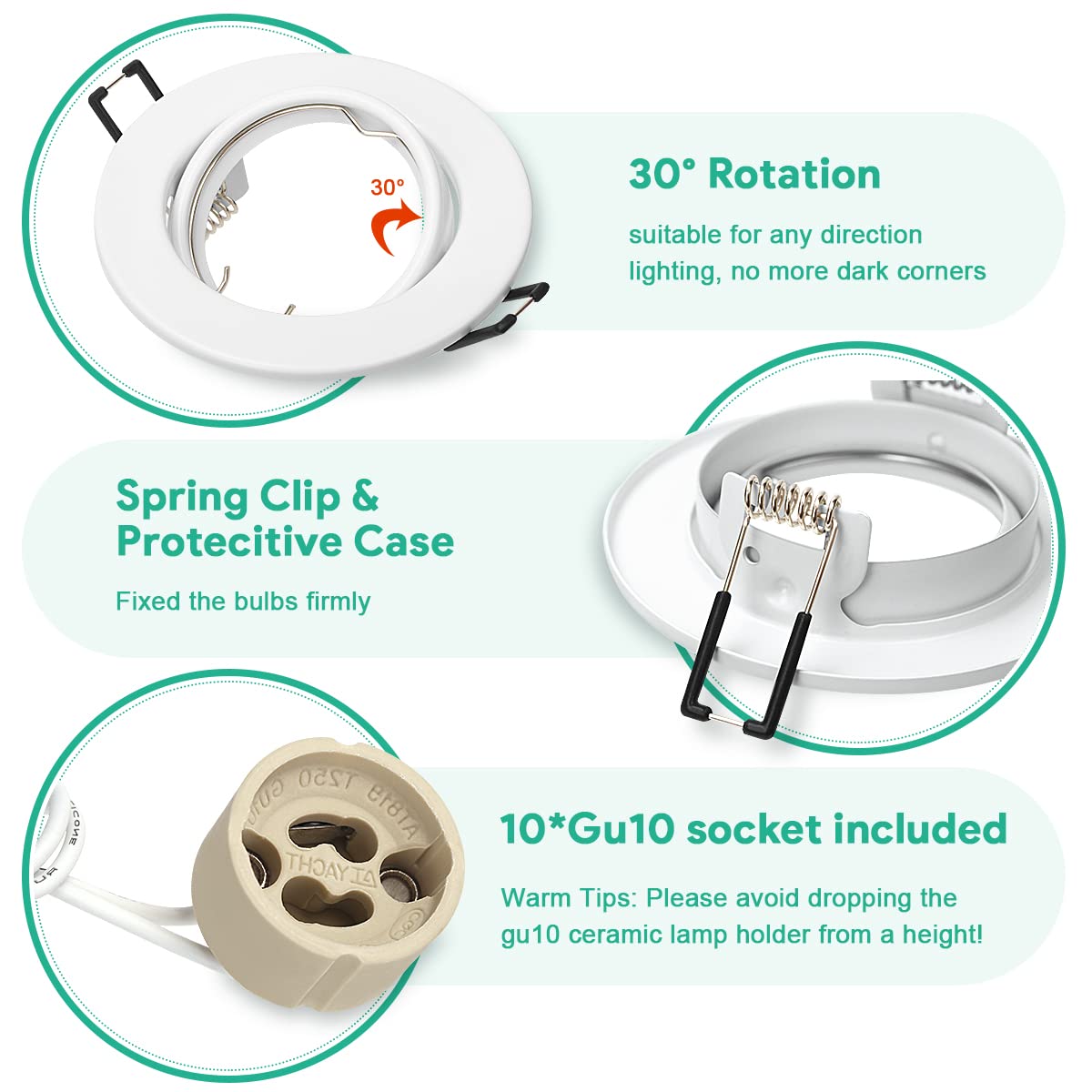 10x recessed spotlight GU10 set with white mounting frame for 230V spots, including GU10 socket, LED with 68mm hole diameter round, 30° tiltable integrated spotlight frame for LED or halogen bulbs.