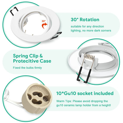 10x recessed spotlight GU10 set with white mounting frame for 230V spots, including GU10 socket, LED with 68mm hole diameter round, 30° tiltable integrated spotlight frame for LED or halogen bulbs.