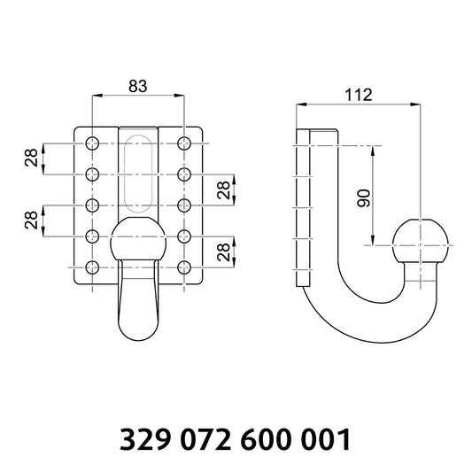 Westfalia mounting plate (10-hole) with ball neck - adjustable in height / ball distance horizontally 112mm / vertical ball distances 34mm/62mm/90mm.