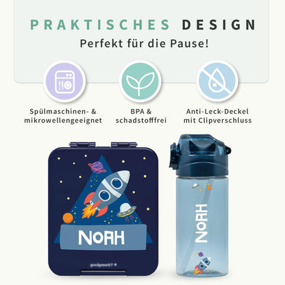 Well-marked - Set with personalized water bottle for kids & personalized plastic lunch box for kids - water bottle with straw and 450ml - 100% BPA-free (Petrol)