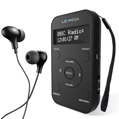 LEMEGA PR1L portable DAB/FM radio with rechargeable battery, 20 preset stations, LCD display, and headphones included. Sporty design with lockable switch, black color.
