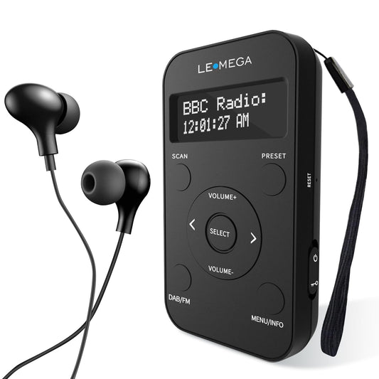 LEMEGA PR1L portable DAB/FM radio with rechargeable battery, 20 preset stations, LCD display, and headphones included. Sporty design with lockable switch, black color.