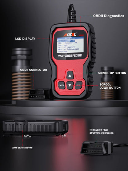 ANCEL VD500Pro OBD2 diagnostic tool for VW/Audi/Skoda/Seat vehicles. Wired, reads fault codes, engine light, EPB, oil, and TPS reset functions. Available in German.