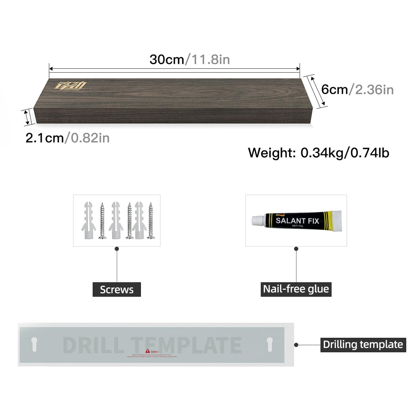 FINDKING Magnetic Knife Strip made of Ash Wood, Magnetic Kitchen Utensil Holder for Wall and Fridge, No Drilling, 30CM (Dark Brown, No Knives)