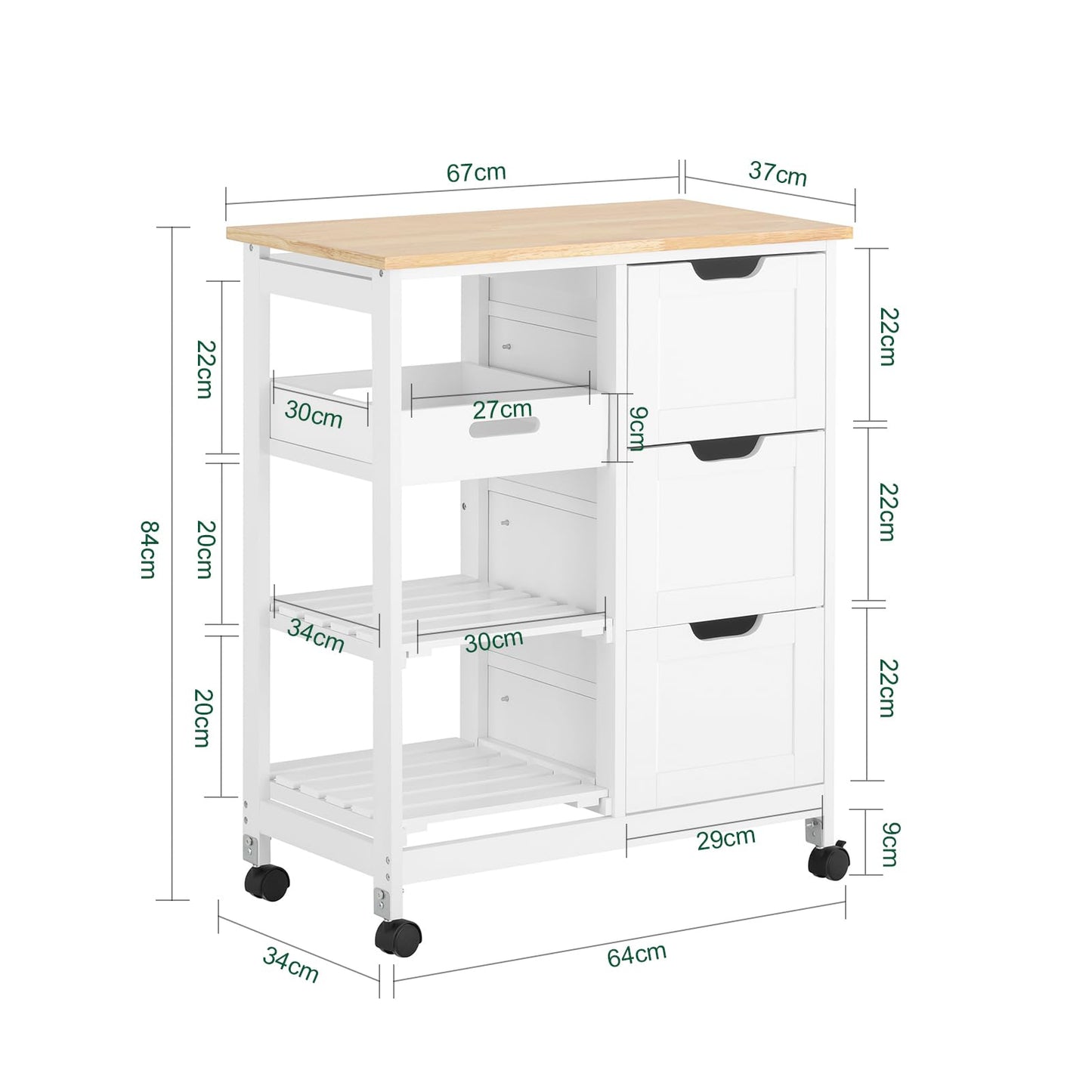 SoBuy serving cart with wheels - kitchen trolley with 2 removable trays and 1 tray - side cart trolley for kitchen, living room, dining room - white, 68x85x38 cm, up to 50 kg, MDF, FKW79-W