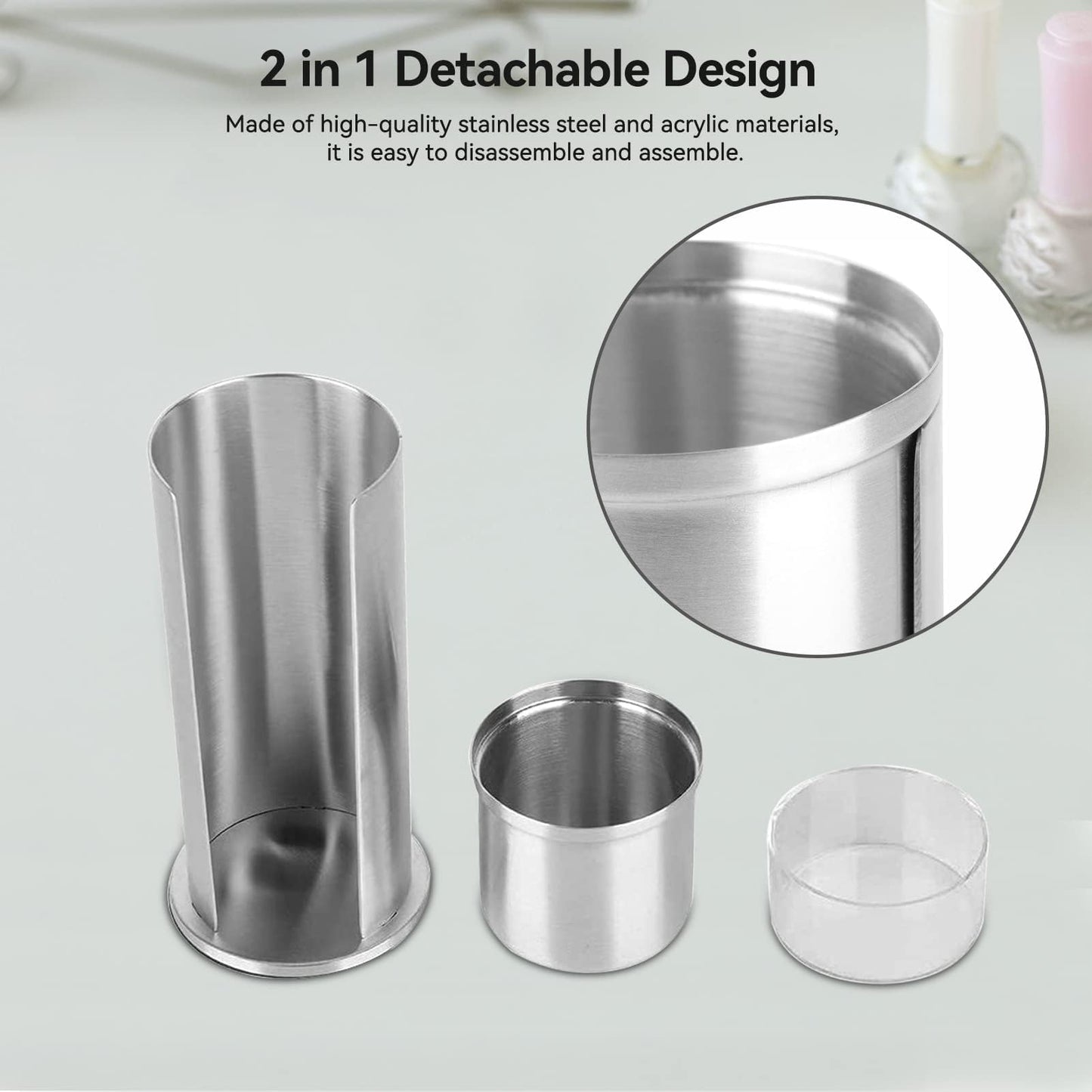 HERCHR 2-in-1 stainless steel cotton swab holder, makeup cotton pads dispenser, organizer, qtip holder, dispenser with acrylic lid for bathroom vanity, 18.5 x 7.3 cm