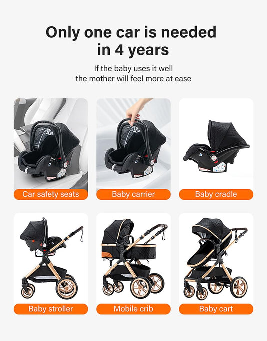 YAZOCO stroller 3 in 1 buggy baby bed complete set One-click collapsible stroller, combi stroller aluminum frame for newborns seat accessories (5 Khaki)
