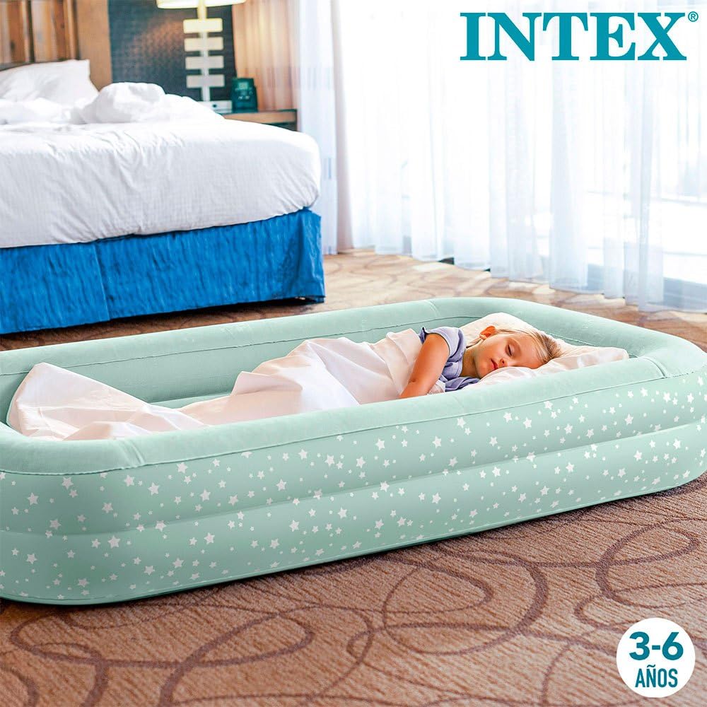 INTEX KidzTravel air mattress for children aged 3-6 years (71×132×10 cm) - Inflatable kids travel bed with built-in bumpers, including air pump. Mint green with star design.
