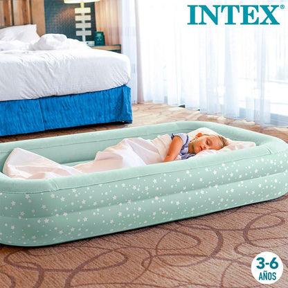 INTEX KidzTravel air mattress for children aged 3-6 years (71×132×10 cm) - Inflatable kids travel bed with built-in bumpers, including air pump. Mint green with star design.