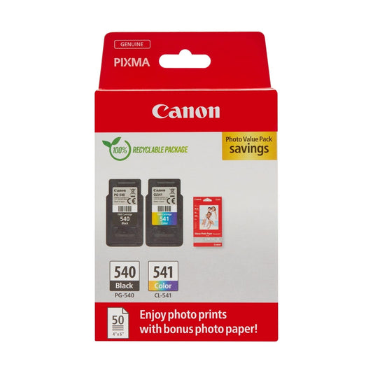 Canon Ink & Paper Multipack - PG-540/CL-541 Original Printer Ink Cartridges 2-Pack (1 x Black, 1 x Color cartridges) & 4x6 Photo Paper (50 sheets) For PIXMA TS5150, TS5151, MG3650s, MG4250