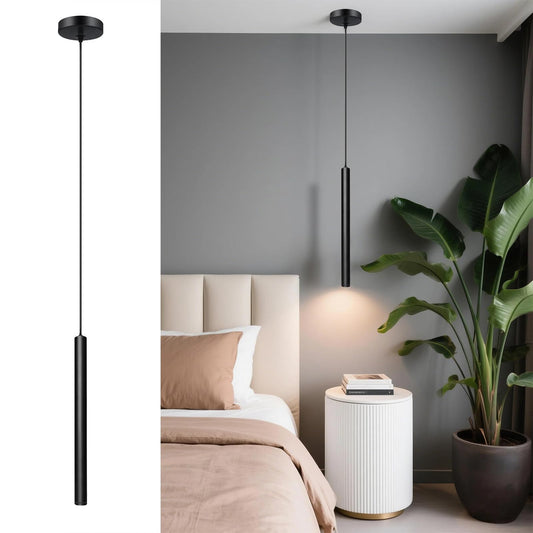 ACMHNC LED Pendant Light Black, Cylinder Hanging Lamp for Bedroom Dining Table Nightstand, 5W Adjustable Height Pendant Light, 110-230V, Warm White 3000K, 30cm