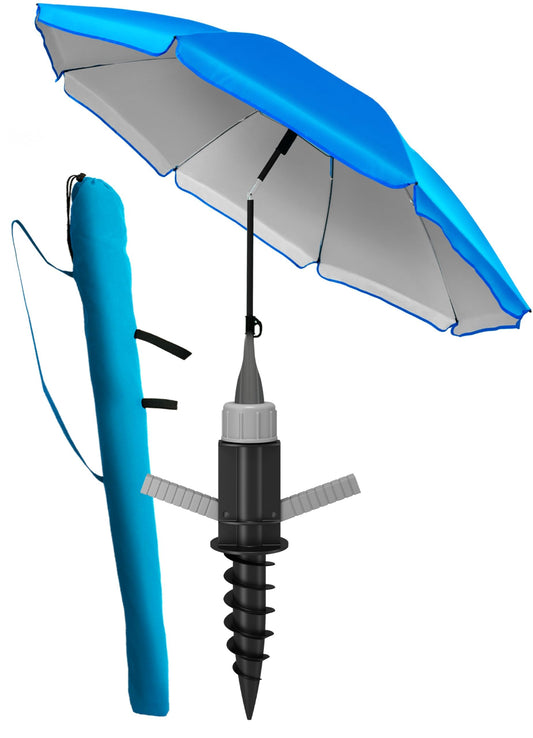 4smile beach umbrella SunnyJoy 3-IN-1-SET, blue - beach umbrella Ø 180 cm + ground sleeve + protective cover - wind-resistant and stable, with UV protection 50+.