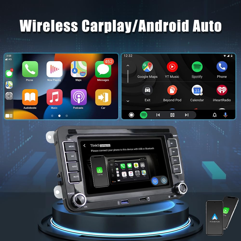 Hikity 2+32GB Android Car Radio Wireless Carplay for VW Golf 5 Golf 6 Skoda Polo Passat Tiguan Touran Screen with Navigation, 7 inch Touch Screen Bluetooth, Android Auto, RDS FM, Canbus, Rearview Camera