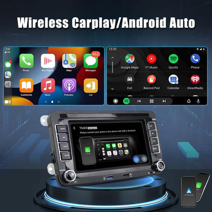 Hikity 2+32GB Android Car Radio Wireless Carplay for VW Golf 5 Golf 6 Skoda Polo Passat Tiguan Touran Screen with Navigation, 7 inch Touch Screen Bluetooth, Android Auto, RDS FM, Canbus, Rearview Camera