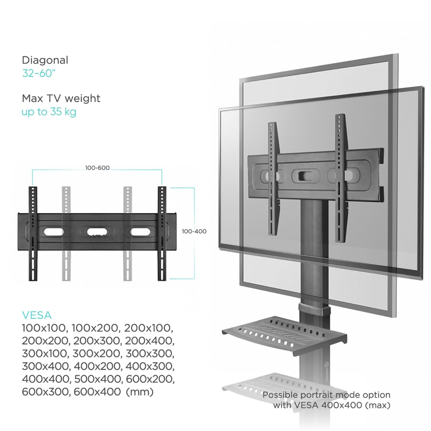ONKRON Mobile TV Stand TV Stand Foot TV Cart Stand 32-55 inch height adjustable on wheels for flat and curved TVs monitors floor stand with bracket VESA TS2551 Black