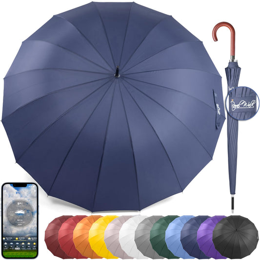 Royal Walk Large XXL 54 inch Automatic Travel Golf Umbrella for Men and Women Stormproof Windproof Lightweight Classic for 2 People Wooden Handle Water Repellent 16 Ribs Unisex 120cm