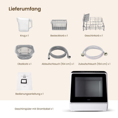 HAVA tabletop dishwasher, mini dishwasher with 6 programs and built-in 5-liter water tank, no connection required, baby care and air drying function for apartments and campers.
