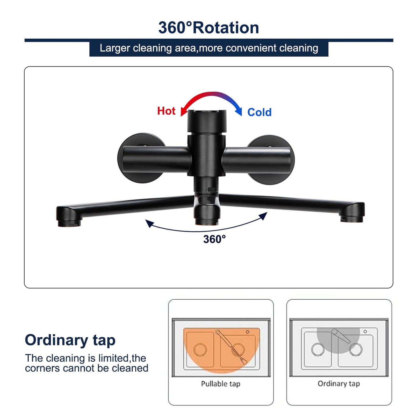 Wall-mounted faucet, 360° rotatable stainless steel kitchen faucet, hot and cold single lever mixer kitchen faucet, swivel arm 23cm, black.