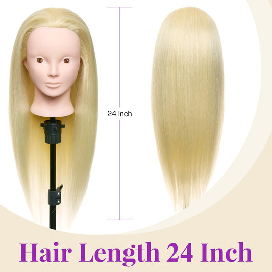 24 inch hairdressing head with 50% real hair. Ideal for practicing hair styling techniques, perfect for hairdressing students. Comes with stand and DIY hair set. Great for training hairstylists.