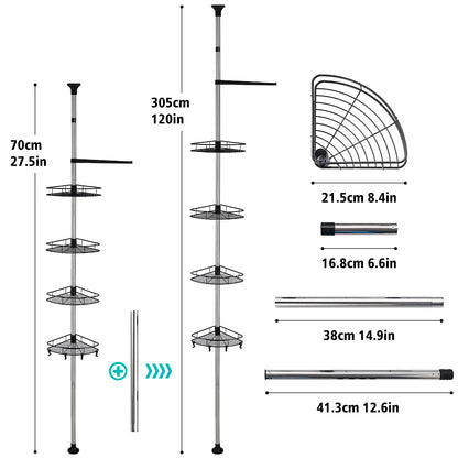 HANFU Telescopic Shower Caddy, 70-305 cm Height Adjustable Shower Shelf Without Drilling, Stainless Steel Corner Bathroom Shelf with 4 x Baskets 4 x Hooks and 1 x Towel Holder for Towel Shampoo, Black