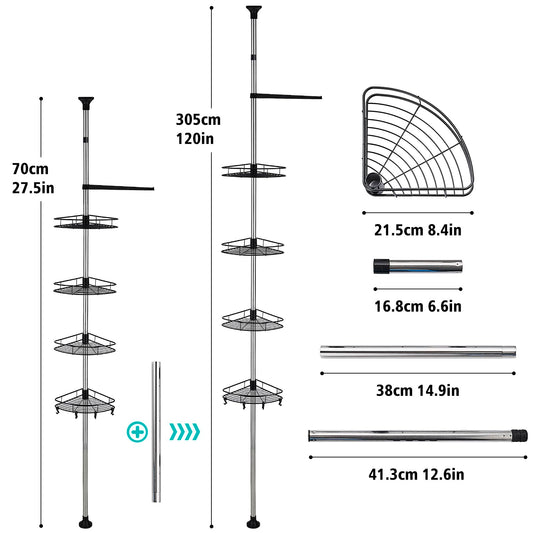 HANFU Telescopic Shower Caddy, 70-305 cm Height Adjustable Shower Shelf Without Drilling, Stainless Steel Corner Bathroom Shelf with 4 x Baskets 4 x Hooks and 1 x Towel Holder for Towel Shampoo, Black