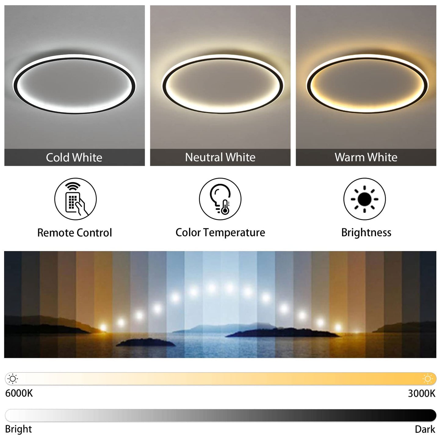MOONSEA LED Ceiling Light Dimmable with Remote Control, 28W Black LED Ceiling Lamp Φ41.5CM 3000K-6000K, Indirect Lighting Ceiling Light for Bedroom, Kids Room, Kitchen, Dining Room