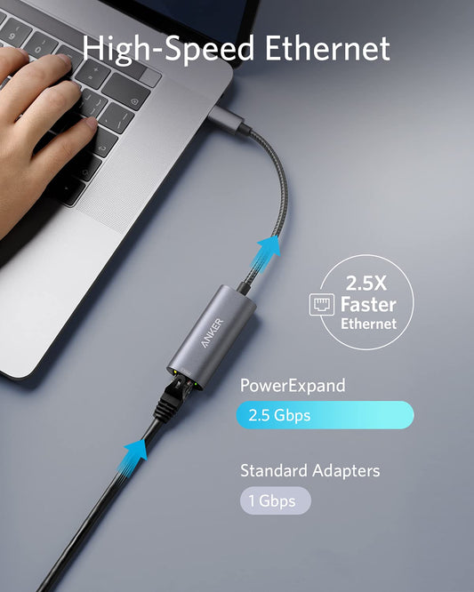 Anchor PowerExpand USB-C to Gigabit Ethernet Adapter, USB-C to 2.5 Gbps Ethernet Hub made of aluminum, Compatible with MacBook Pro, MacBook Air 2018 and later, iPad Pro 2018, XPS