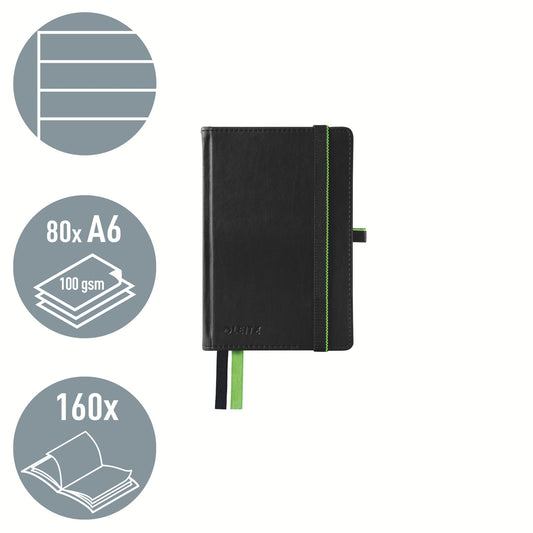 Leitz Complete Quality Notebook A6 lined, 160 pages, 80 sheets, hardcover with high-quality cover, 100 g/m² paper FSC certified, closure, bookmark, pen loop, black, 44800095